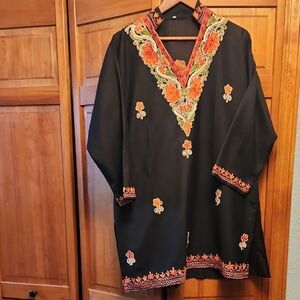 Embroidered Black Tunic with Floral Accents